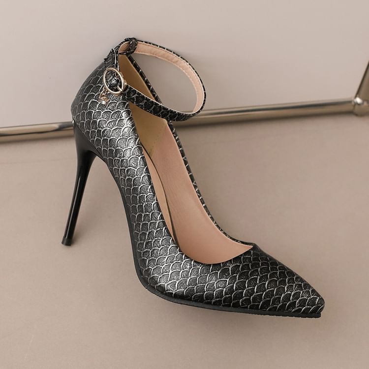 Patterned Heel Fish Pumps Ankle Scale Stiletto Strap