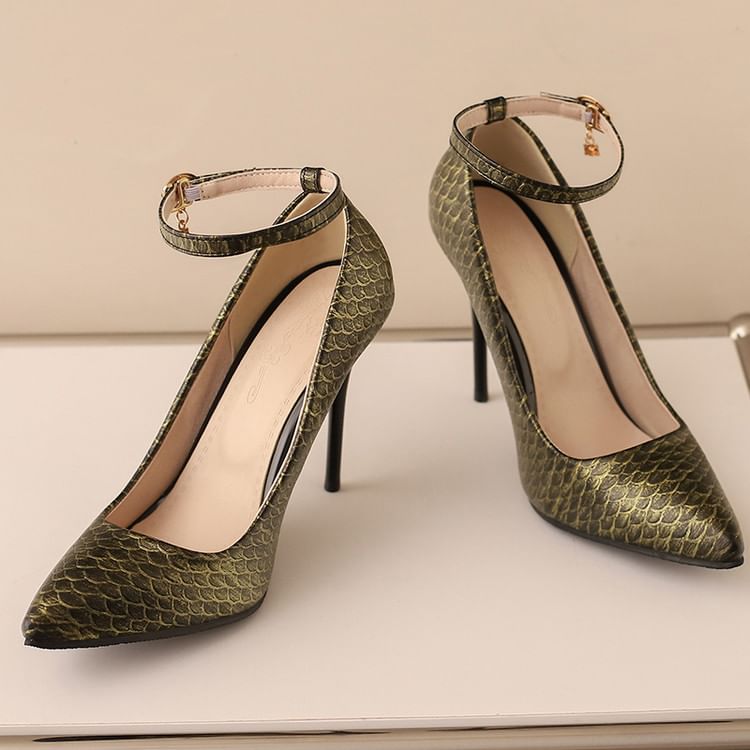 Patterned Heel Fish Pumps Ankle Scale Stiletto Strap