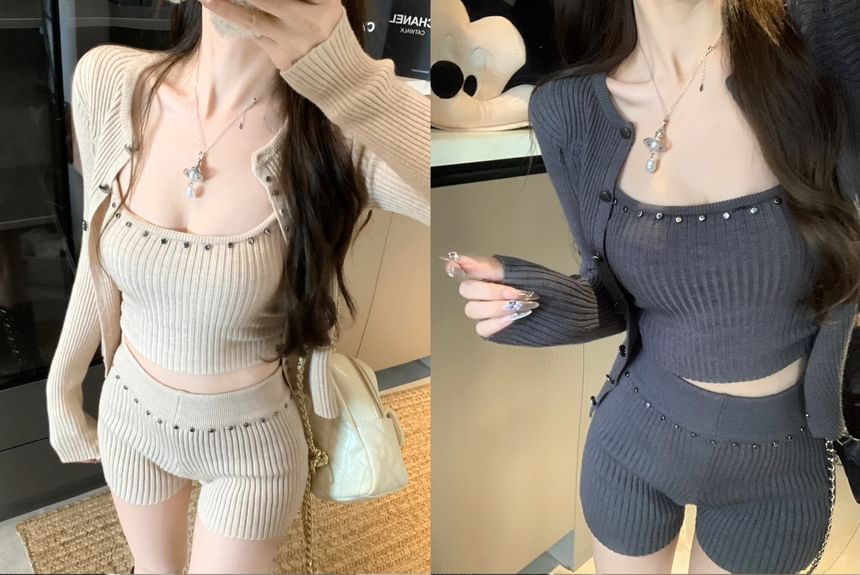 Camisole Cardigan Shorts Studded Top Waist High Ribbed Knit + Set: Crop
