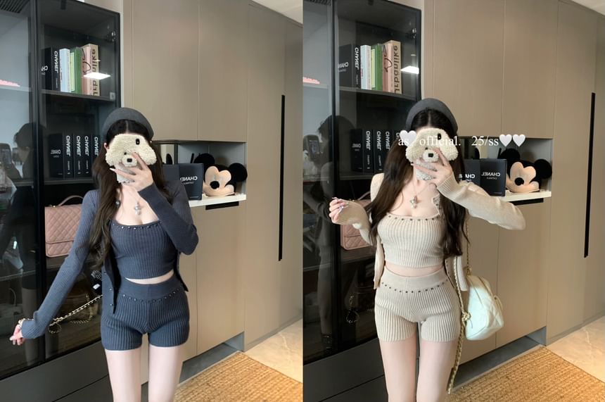 Camisole Cardigan Shorts Studded Top Waist High Ribbed Knit + Set: Crop