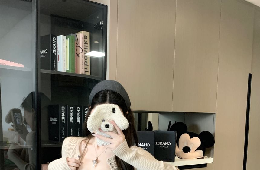 Camisole Cardigan Shorts Studded Top Waist High Ribbed Knit + Set: Crop