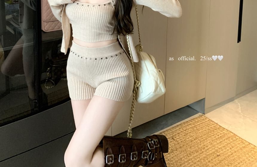 Camisole Cardigan Shorts Studded Top Waist High Ribbed Knit + Set: Crop
