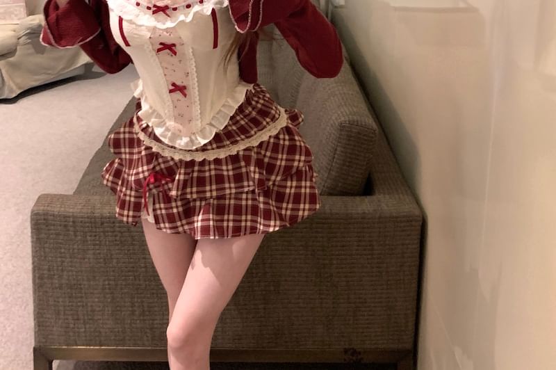 Panel Sleeveless Bow Print / Waist Plaid Ruffle Striped Mini High A-Line Cardigan Skirt Top Floral