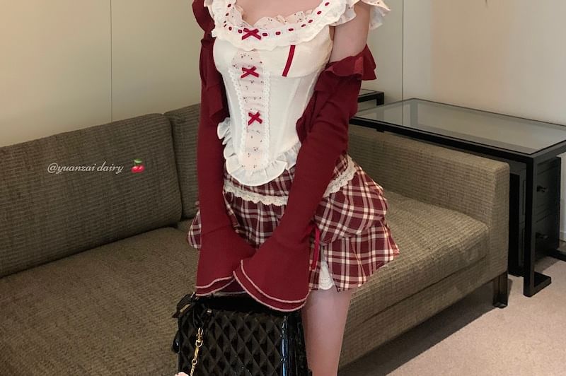 Panel Sleeveless Bow Print / Waist Plaid Ruffle Striped Mini High A-Line Cardigan Skirt Top Floral