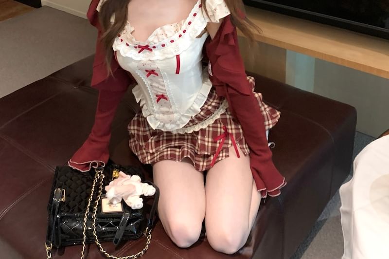 Panel Sleeveless Bow Print / Waist Plaid Ruffle Striped Mini High A-Line Cardigan Skirt Top Floral