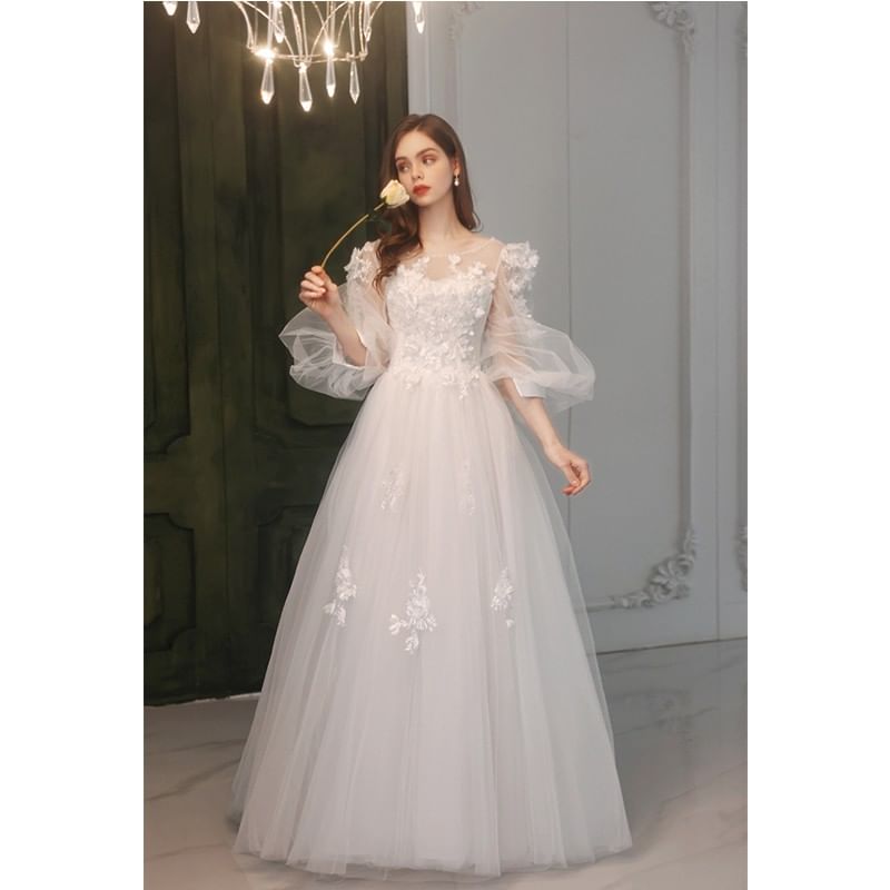 Gown Mesh Puff-Sleeve Floral A-Line Wedding