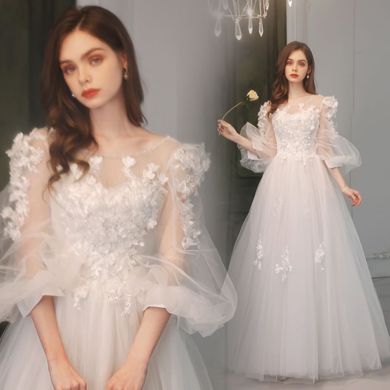 Gown Mesh Puff-Sleeve Floral A-Line Wedding