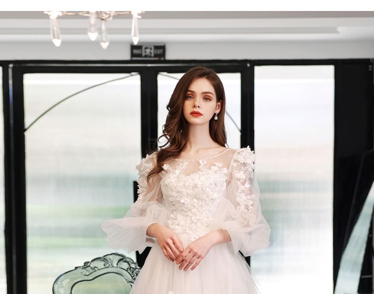 Gown Mesh Puff-Sleeve Floral A-Line Wedding