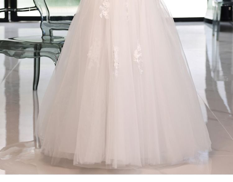 Gown Mesh Puff-Sleeve Floral A-Line Wedding