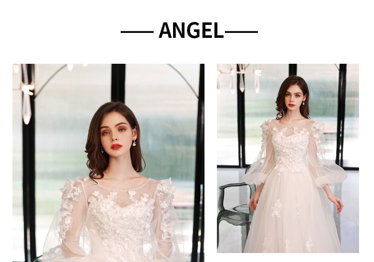 Gown Mesh Puff-Sleeve Floral A-Line Wedding