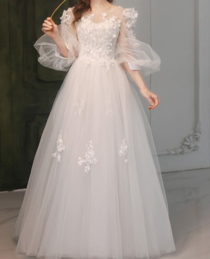 Gown Mesh Puff-Sleeve Floral A-Line Wedding