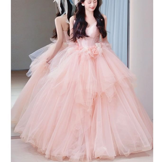 Strapless Gown Ball Mesh Floral