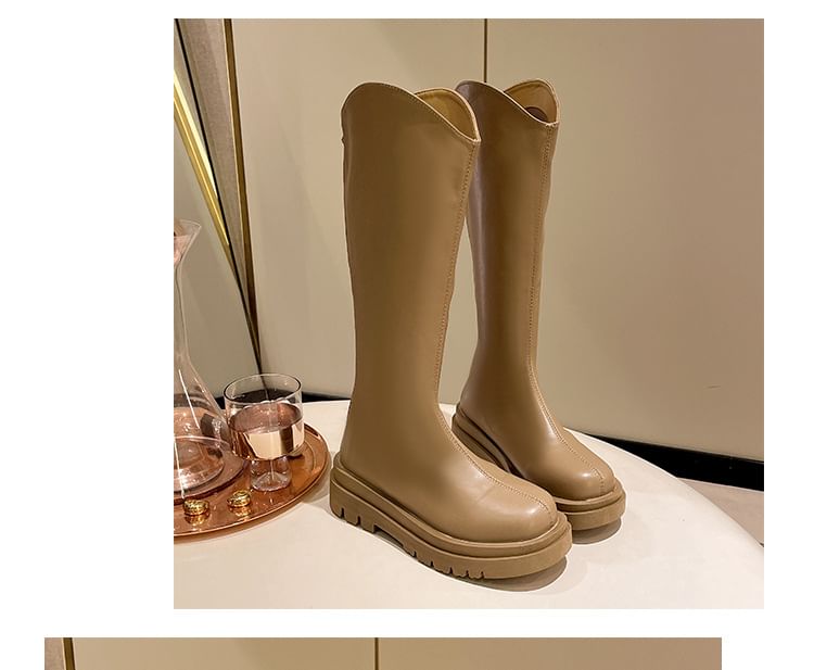 Zip-Up Faux Tall Plain Platform Leather Boots