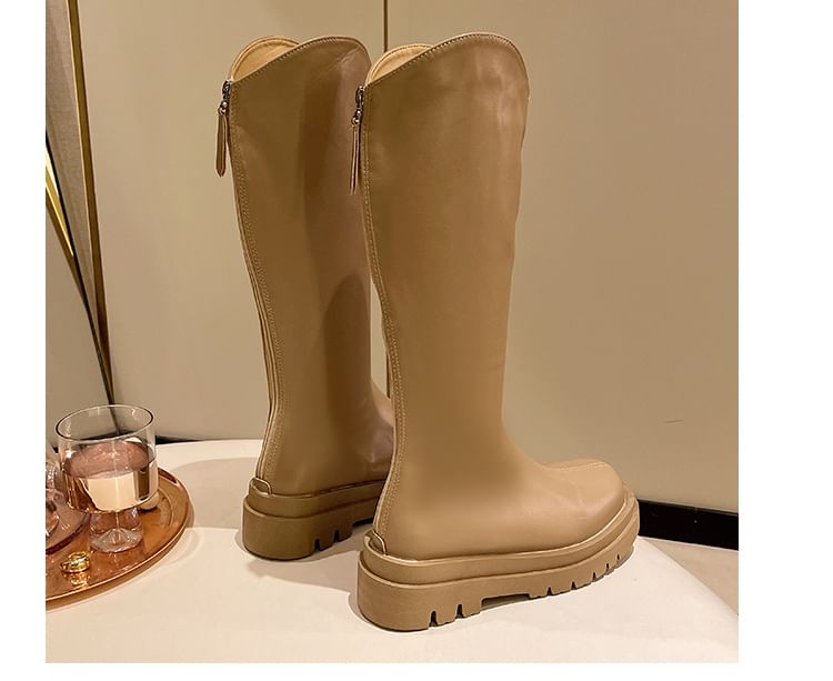 Zip-Up Faux Tall Plain Platform Leather Boots