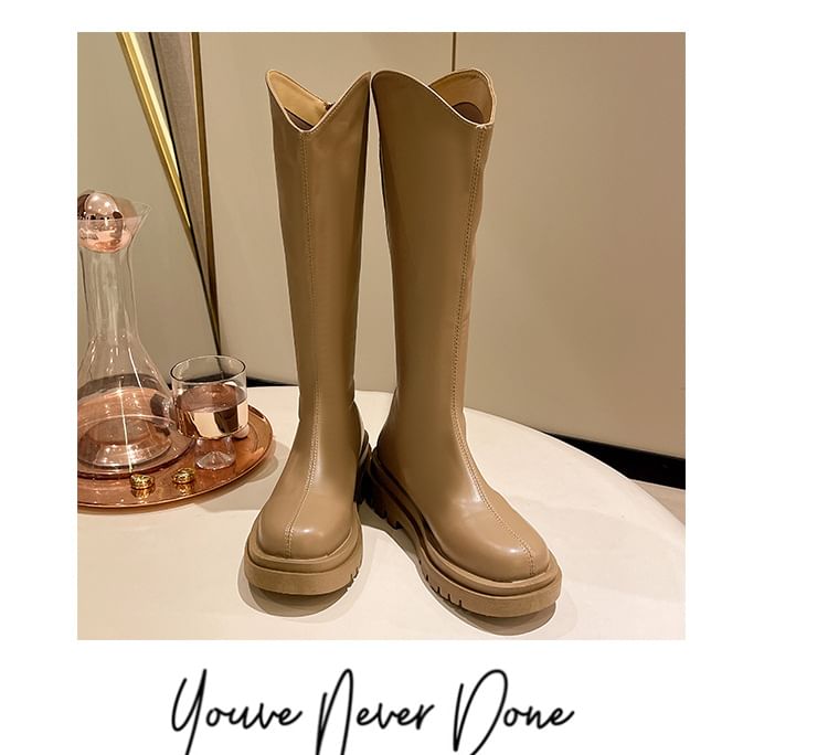 Zip-Up Faux Tall Plain Platform Leather Boots