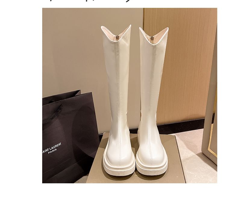 Zip-Up Faux Tall Plain Platform Leather Boots