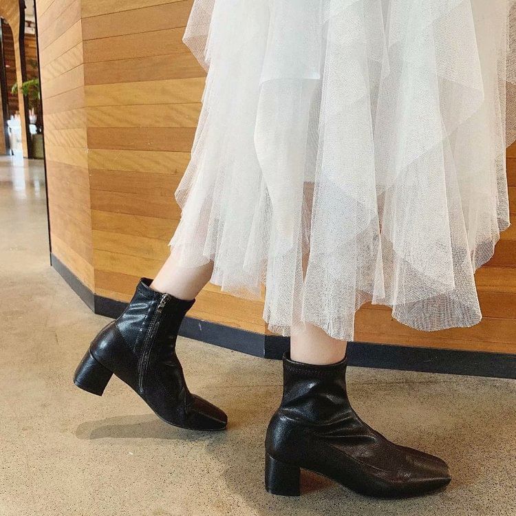 Chunky Square Short Toe Heel Zip-Up Plain Boots