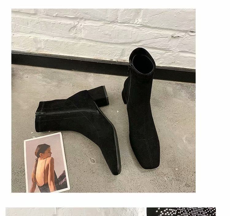 Chunky Square Short Toe Heel Zip-Up Plain Boots