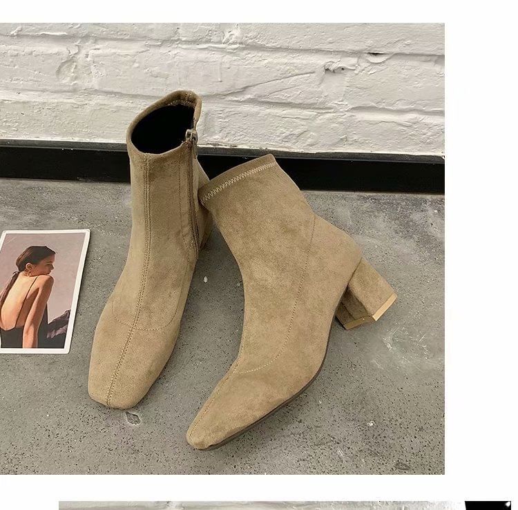 Chunky Square Short Toe Heel Zip-Up Plain Boots