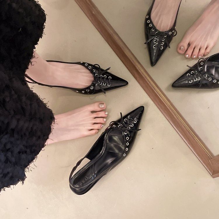 Leather Heel Faux Toe Slingback Sandals Pointed Kitten