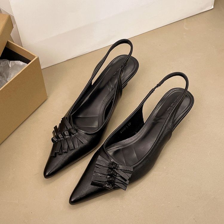 Leather Heel Faux Toe Slingback Sandals Pointed Kitten
