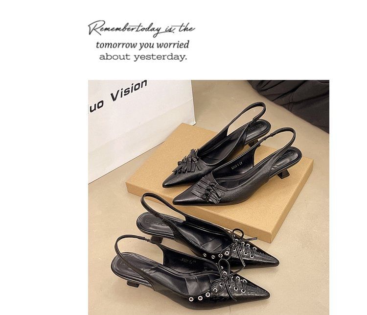 Leather Heel Faux Toe Slingback Sandals Pointed Kitten