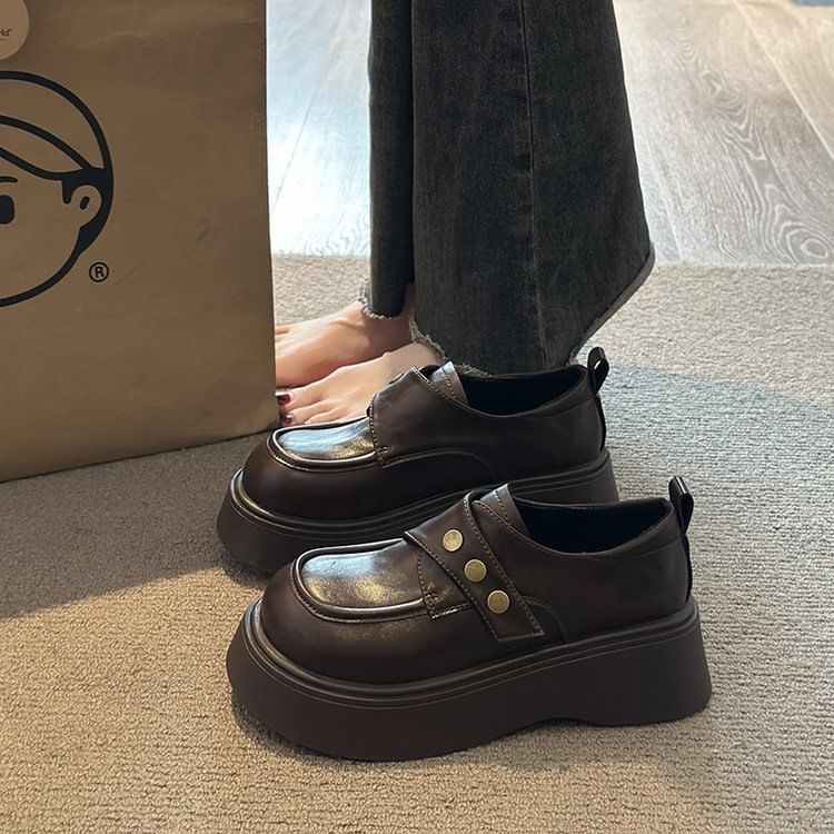 Plain Faux Strap Leather Shoes Platform Adhesive