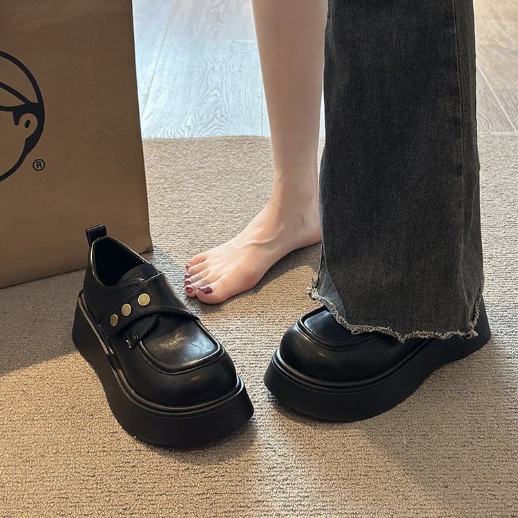 Plain Faux Strap Leather Shoes Platform Adhesive