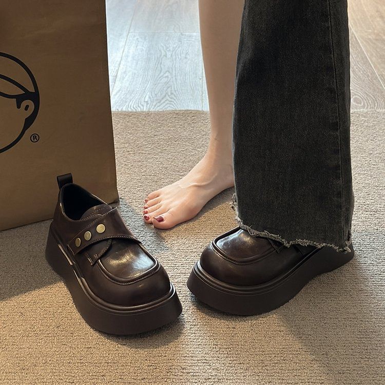 Plain Faux Strap Leather Shoes Platform Adhesive