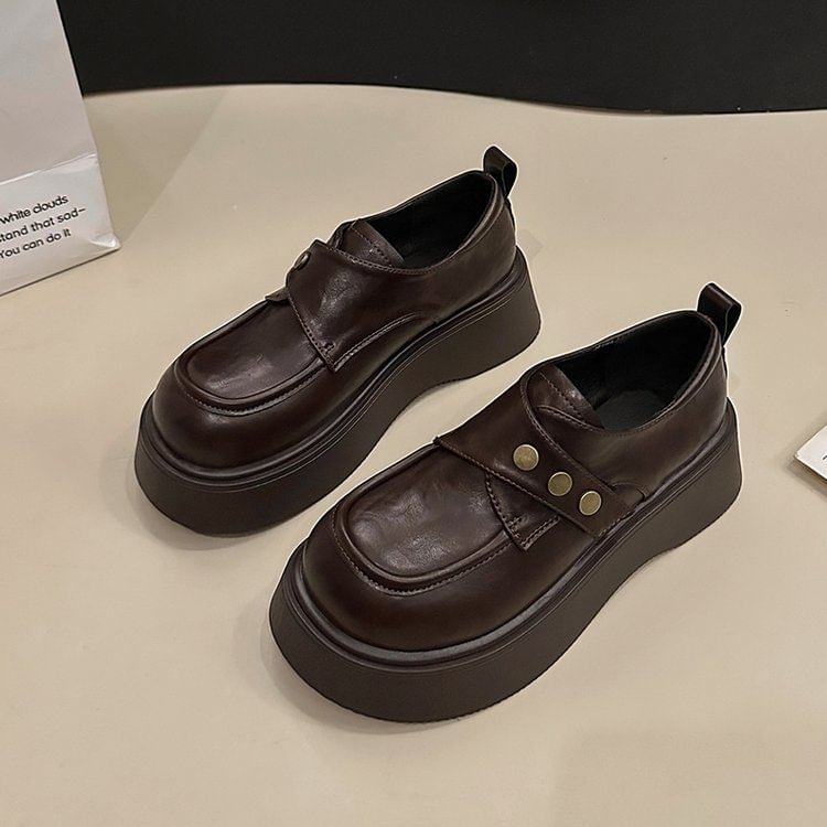 Plain Faux Strap Leather Shoes Platform Adhesive