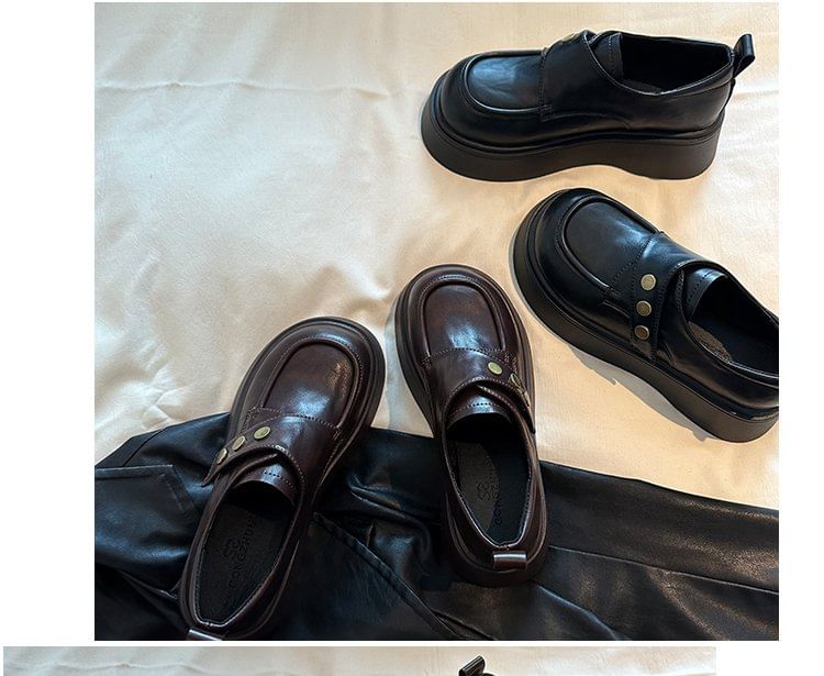 Plain Faux Strap Leather Shoes Platform Adhesive