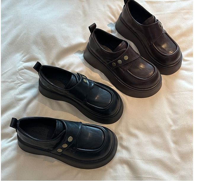 Plain Faux Strap Leather Shoes Platform Adhesive