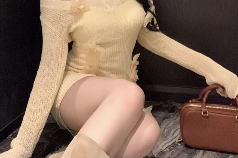 Slip Knit Mini Sheath Flower V Accent Dress Long-Sleeve Neck /