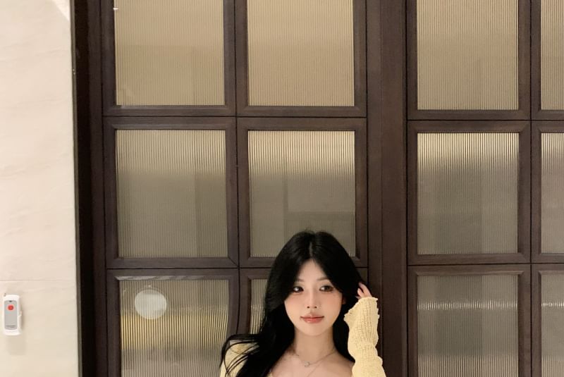 Slip Knit Mini Sheath Flower V Accent Dress Long-Sleeve Neck /