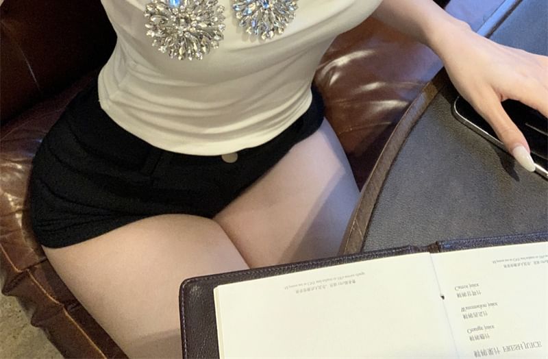 Rhinestone Tank Accent Slim Top One-Shoulder Crop Fit