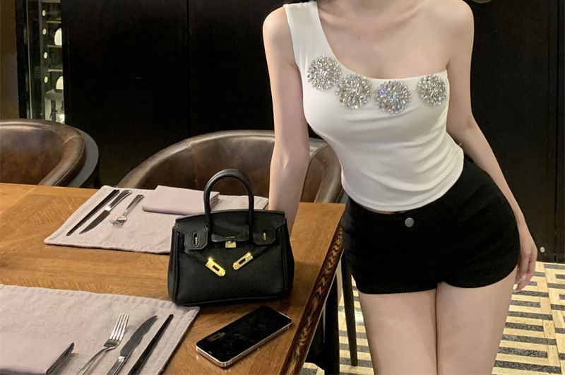 Rhinestone Tank Accent Slim Top One-Shoulder Crop Fit