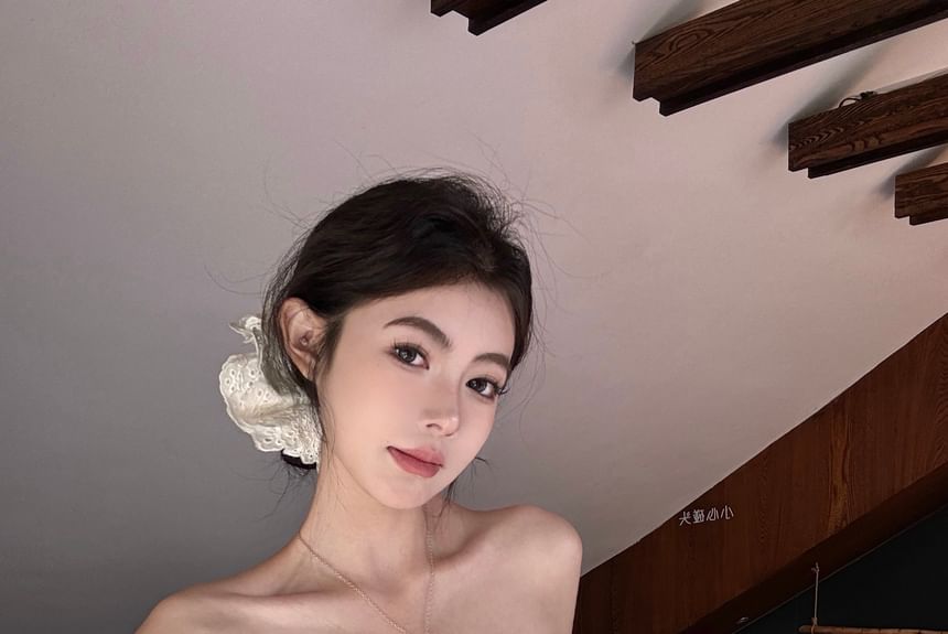 Striped Plain Crop Top Pants Leg High Waist Tube Bow / Accent Wide