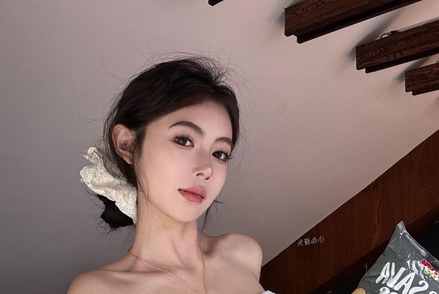 Striped Plain Crop Top Pants Leg High Waist Tube Bow / Accent Wide