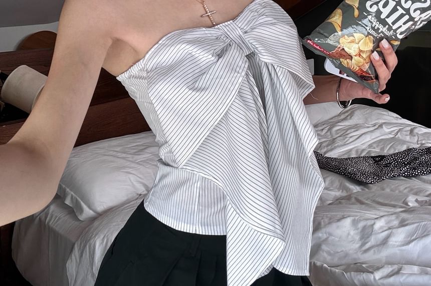 Striped Plain Crop Top Pants Leg High Waist Tube Bow / Accent Wide