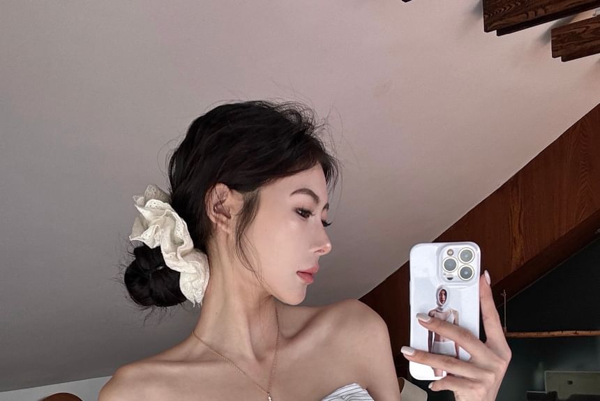 Striped Plain Crop Top Pants Leg High Waist Tube Bow / Accent Wide