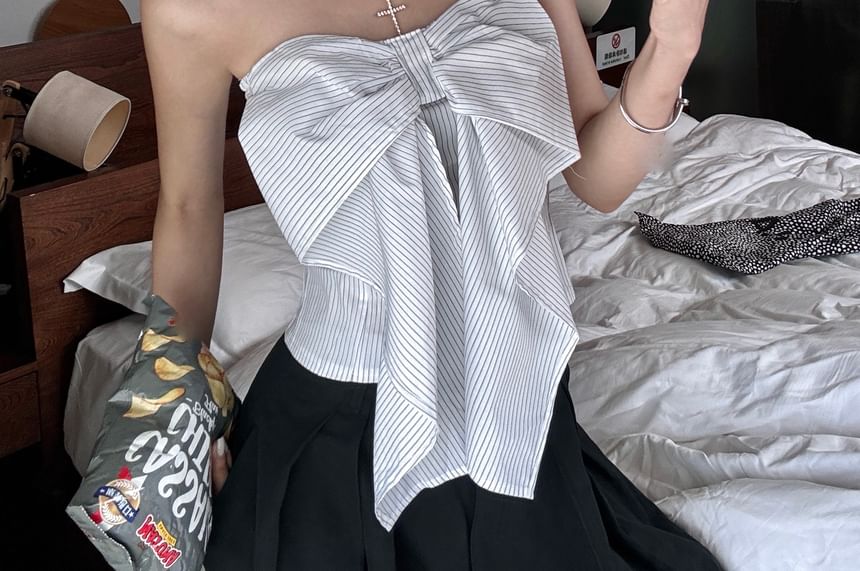 Striped Plain Crop Top Pants Leg High Waist Tube Bow / Accent Wide