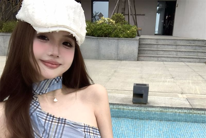 Halter Slim Neck Top Plaid Asymmetrical Sheer Fit