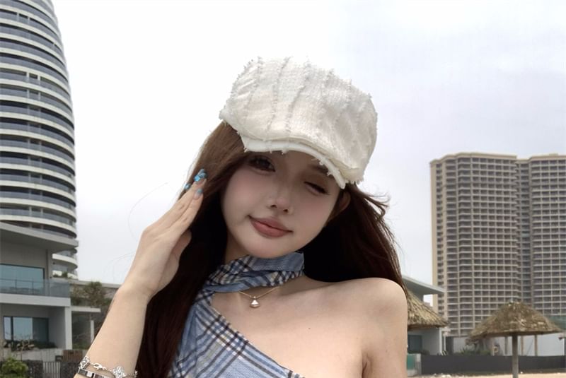 Halter Slim Neck Top Plaid Asymmetrical Sheer Fit