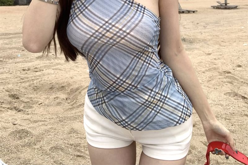 Halter Slim Neck Top Plaid Asymmetrical Sheer Fit