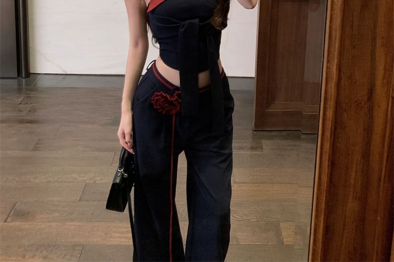 Low Tone Front Waist Two Wide Tie Leg Plain Pants / Tube Top Crop