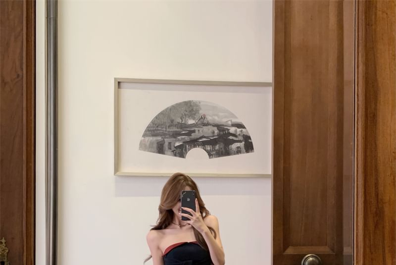 Low Tone Front Waist Two Wide Tie Leg Plain Pants / Tube Top Crop