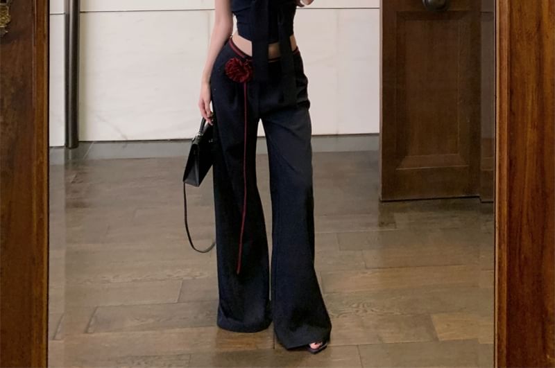 Low Tone Front Waist Two Wide Tie Leg Plain Pants / Tube Top Crop