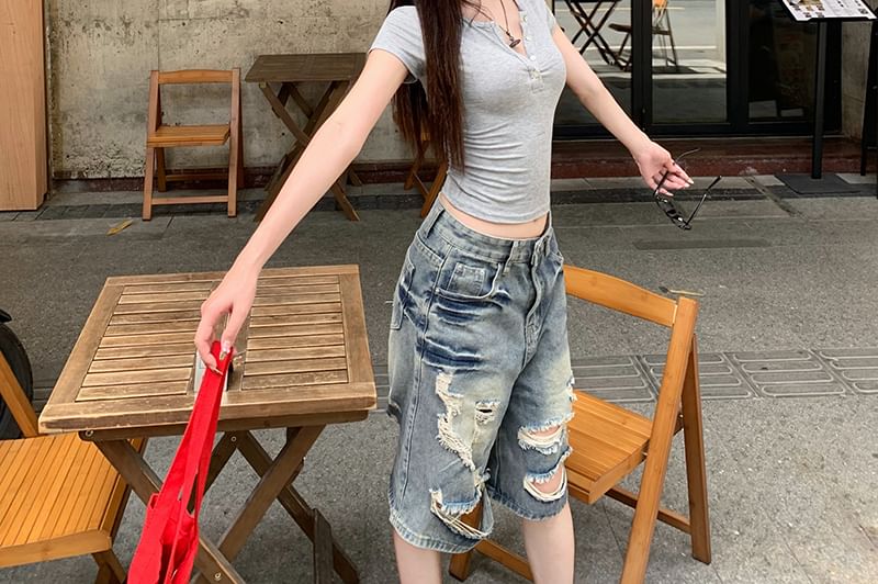 Neck Short Henley Tee Plain Sleeve