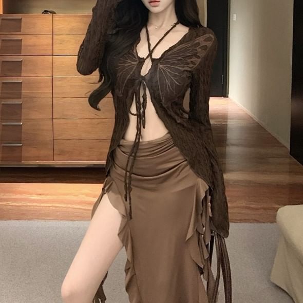 Ruffle Sleeve Trim Dress Butterfly V-Neck / Strapless Print Tie Long Front Top Bodycon Midi Plain