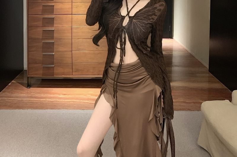 Ruffle Sleeve Trim Dress Butterfly V-Neck / Strapless Print Tie Long Front Top Bodycon Midi Plain